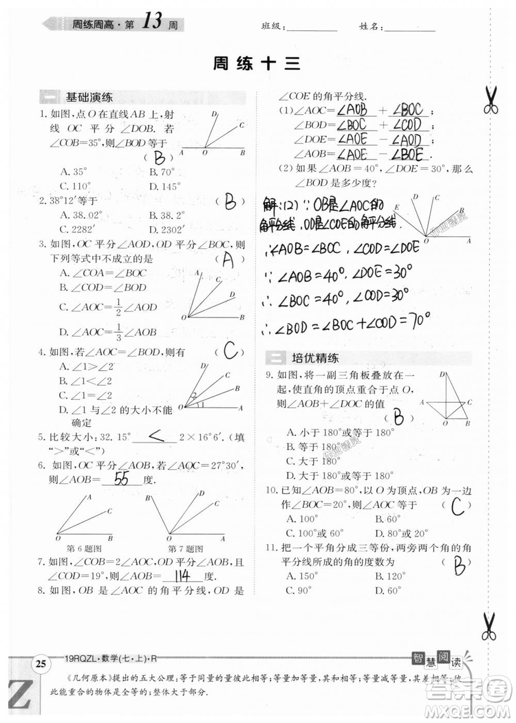2019新版日清周練七年級數(shù)學上冊人教版參考答案