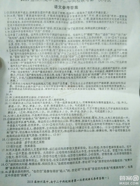 2019屆廣西柳州高中、南寧二中兩校聯(lián)考第一次考試高三語文參考答案