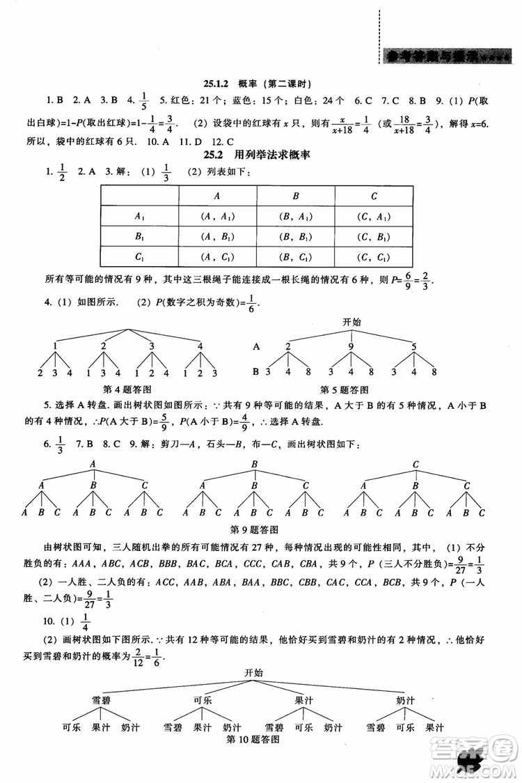人教版2018新課程能力培養(yǎng)數(shù)學(xué)九年級上冊參考答案