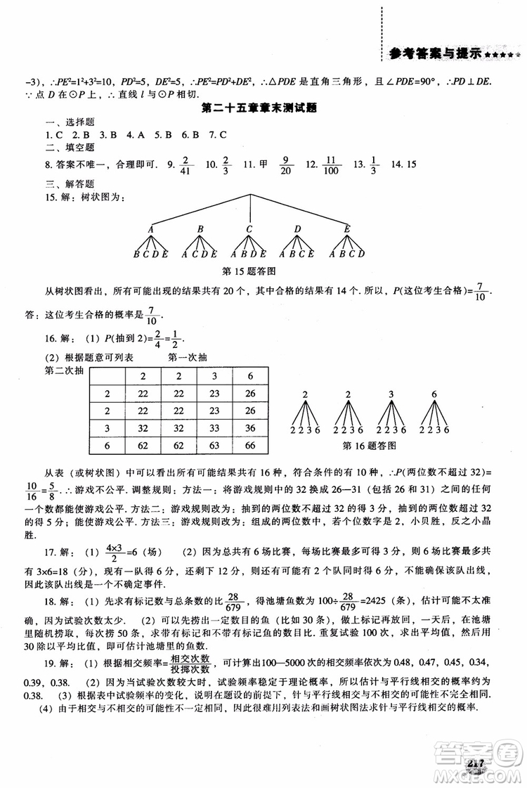 人教版2018新課程能力培養(yǎng)數(shù)學(xué)九年級上冊參考答案