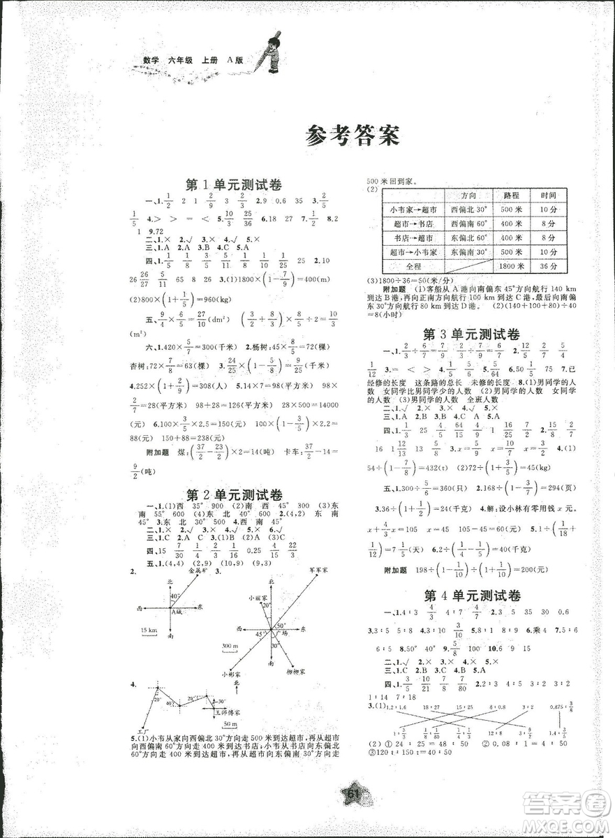人教A版2018年新課程學(xué)習與測評單元雙測六年級上冊數(shù)學(xué)答案