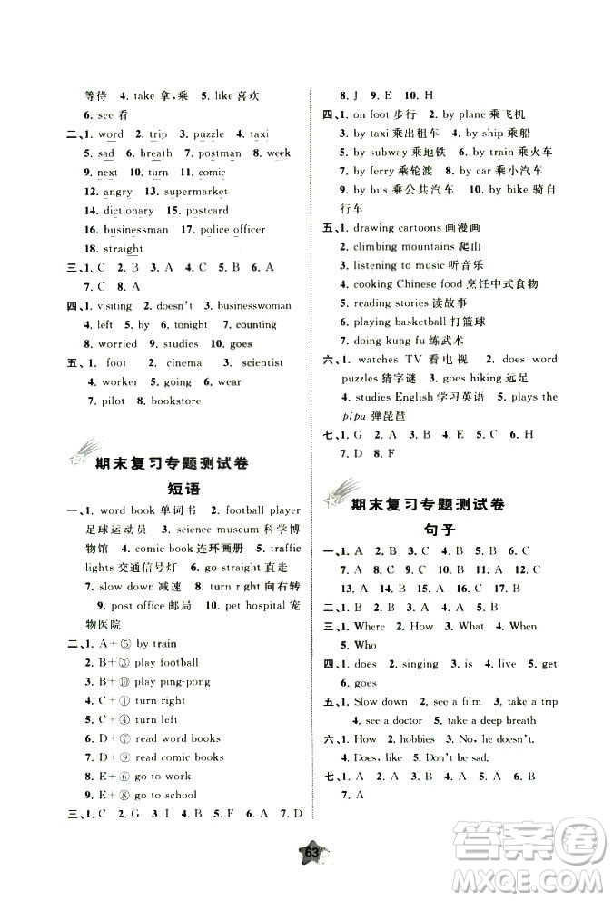 2018年小學新課程學習與測評單元雙測英語六年級上冊A版答案