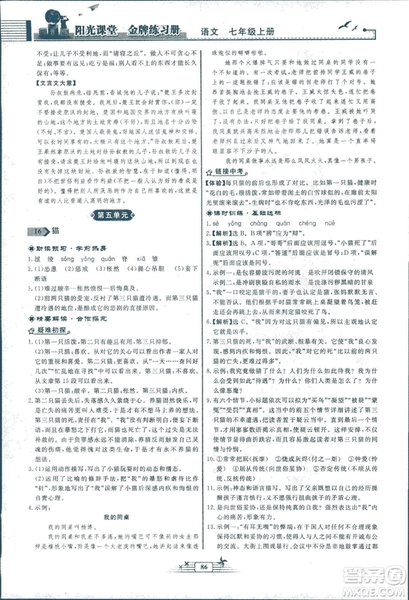 人教版福建專版陽光課堂金牌練習(xí)冊(cè)2018年語文七年級(jí)上冊(cè)答案