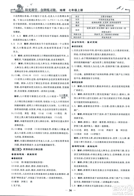2018秋陽(yáng)光課堂金牌練習(xí)冊(cè)地理七年級(jí)上冊(cè)人教版答案