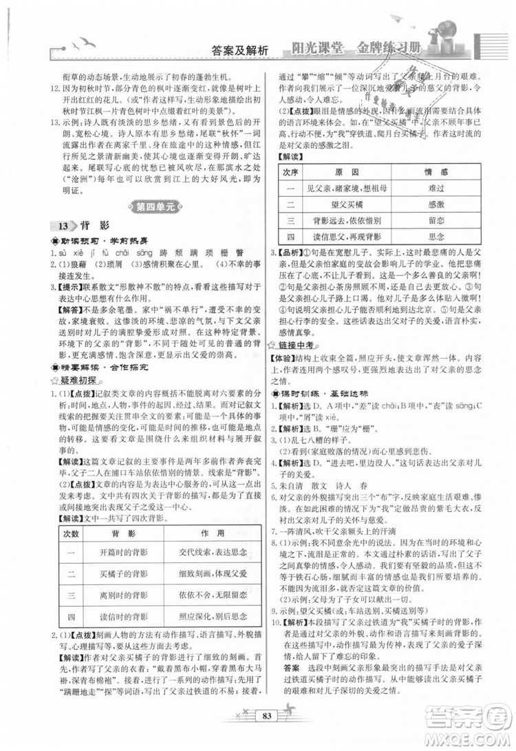 福建專版2018秋陽光課堂金牌練習冊語文八年級語文上冊答案