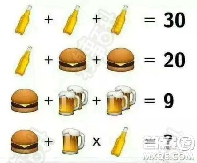 3瓶啤酒等于30 汽水啤酒漢堡數(shù)學(xué)題