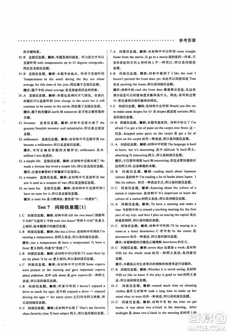 2019版哈佛英語聽力理解巧學(xué)精練高一參考答案