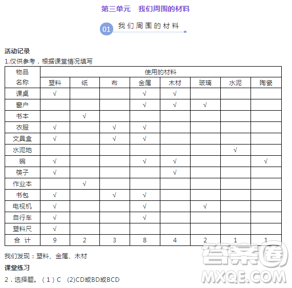 浙江教育出版社2018升級(jí)版科學(xué)作業(yè)本三年級(jí)上冊(cè)第三單元答案