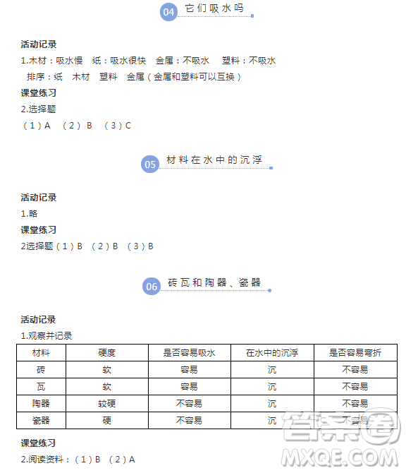 浙江教育出版社2018升級(jí)版科學(xué)作業(yè)本三年級(jí)上冊(cè)第三單元答案