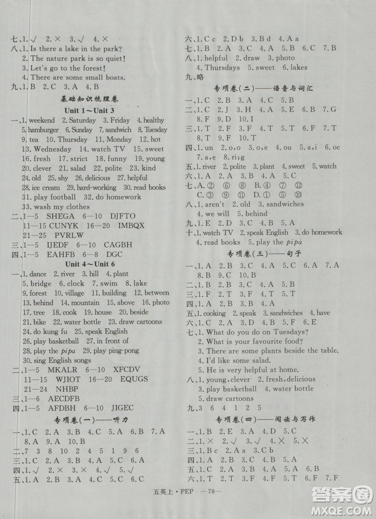優(yōu)翼叢書(shū)2018優(yōu)干線單元+期末卷英語(yǔ)五年級(jí)上人教版PEP參考答案