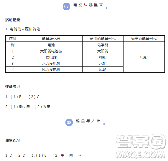浙江教育出版社2018升級版科學作業(yè)本六年級上冊第三單元答案