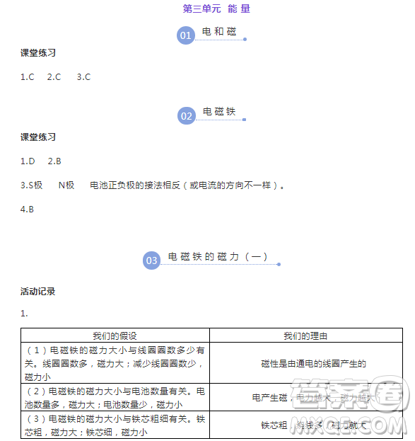 浙江教育出版社2018升級版科學作業(yè)本六年級上冊第三單元答案