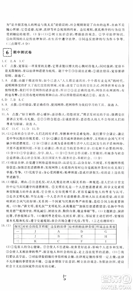 2018秋優(yōu)翼叢書優(yōu)干線測(cè)試卷初中道德與法治八年級(jí)上RJ人教版參考答案