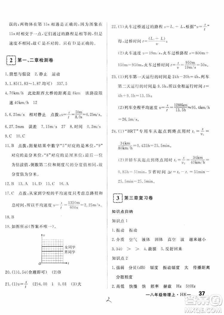 優(yōu)翼叢書2018優(yōu)干線測(cè)試卷初中物理八年級(jí)上冊(cè)HK滬科版參考答案