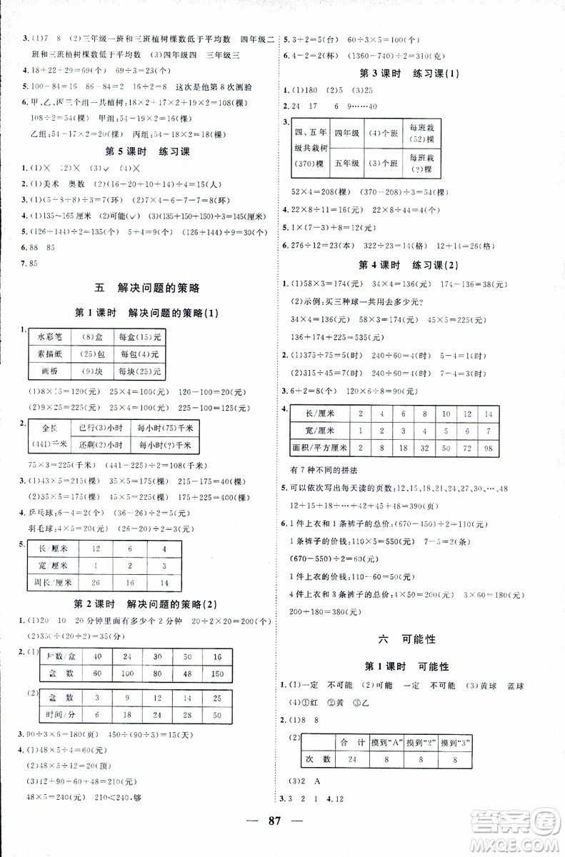 9787539293615陽(yáng)光同學(xué)2018年四年級(jí)上冊(cè)數(shù)學(xué)課時(shí)優(yōu)化作業(yè)SJ蘇教版參考答案