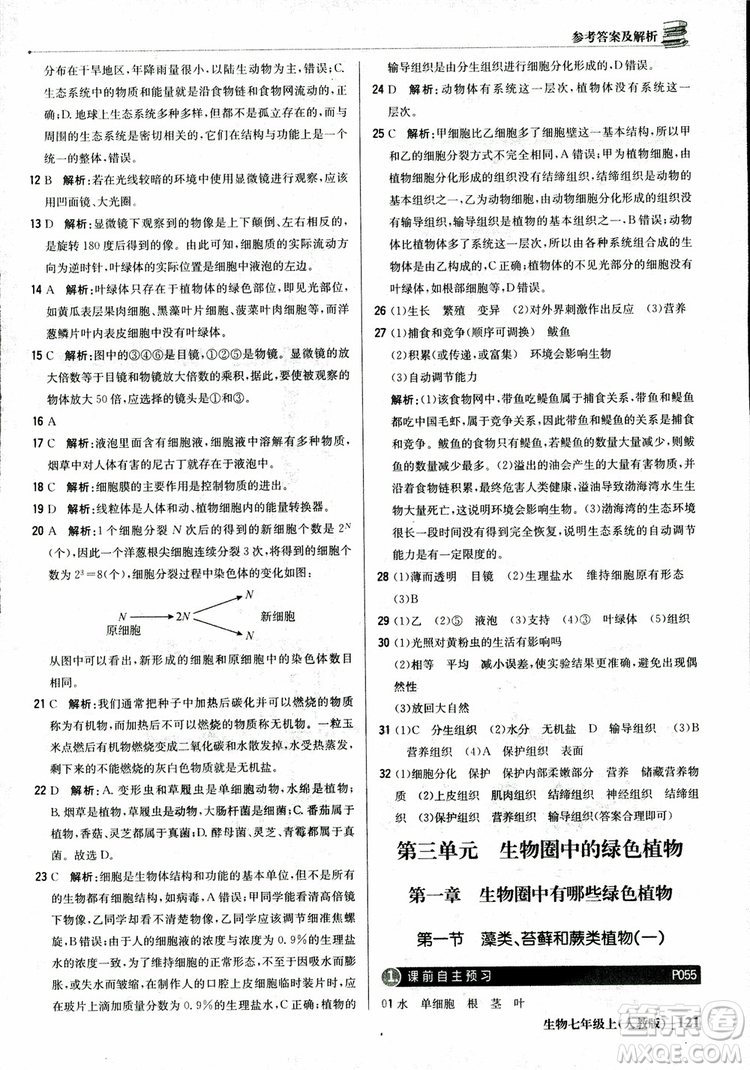 9787552240603人教版銀版1+1輕巧奪冠優(yōu)化訓(xùn)練七年級(jí)上冊生物2018參考答案