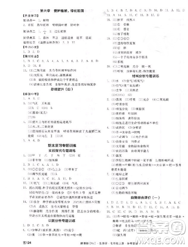 2018版全品學練考生物七年級上冊人教版RJ9787552543261參考答答案