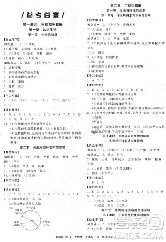 2018版全品學練考生物七年級上冊人教版RJ9787552543261參考答答案