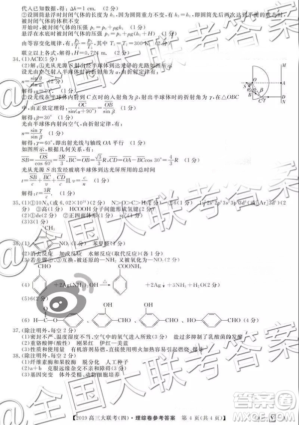 2019全國(guó)百所名校高三大聯(lián)考四調(diào)理綜答案