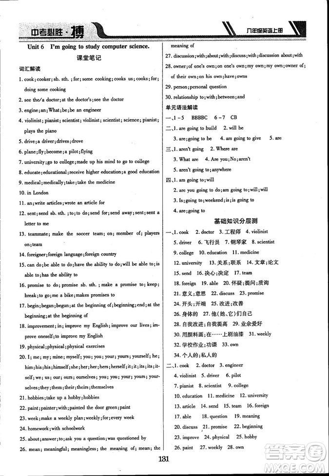 延邊出版社出版2018王立博中考必勝搏8年級(jí)英語TYPJ版上冊(cè)參考答案