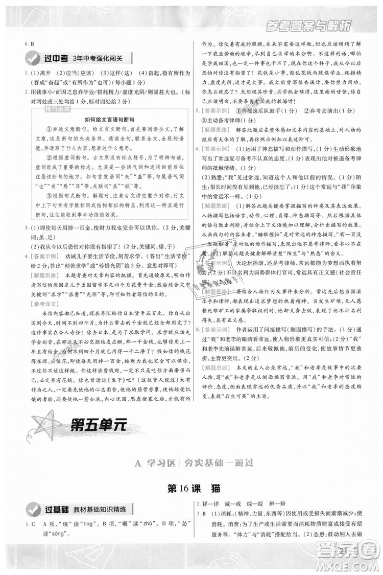 9787565128059天星教育2019版一遍過七年級(jí)上語(yǔ)文RJ版人教版參考答案