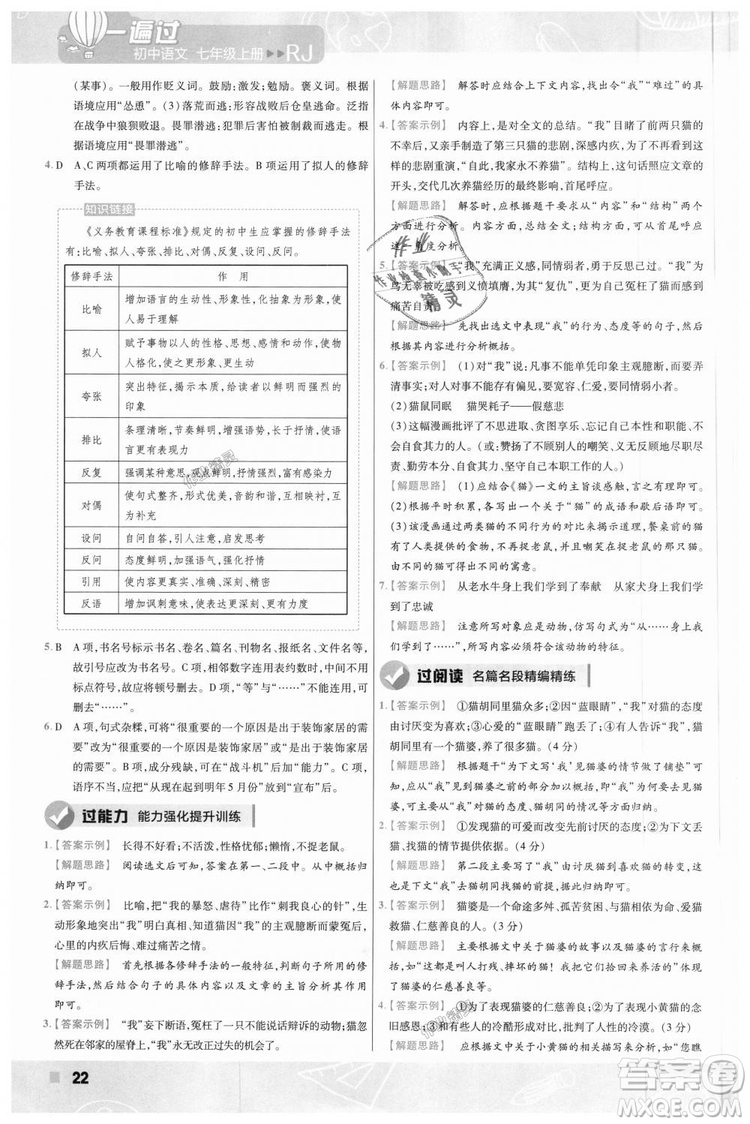 9787565128059天星教育2019版一遍過七年級(jí)上語(yǔ)文RJ版人教版參考答案