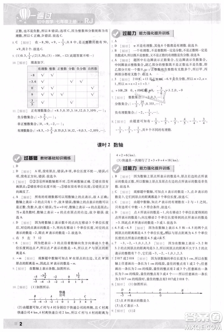 天星教育2019版一遍過七年級上數(shù)學(xué)RJ版人教版參考答案