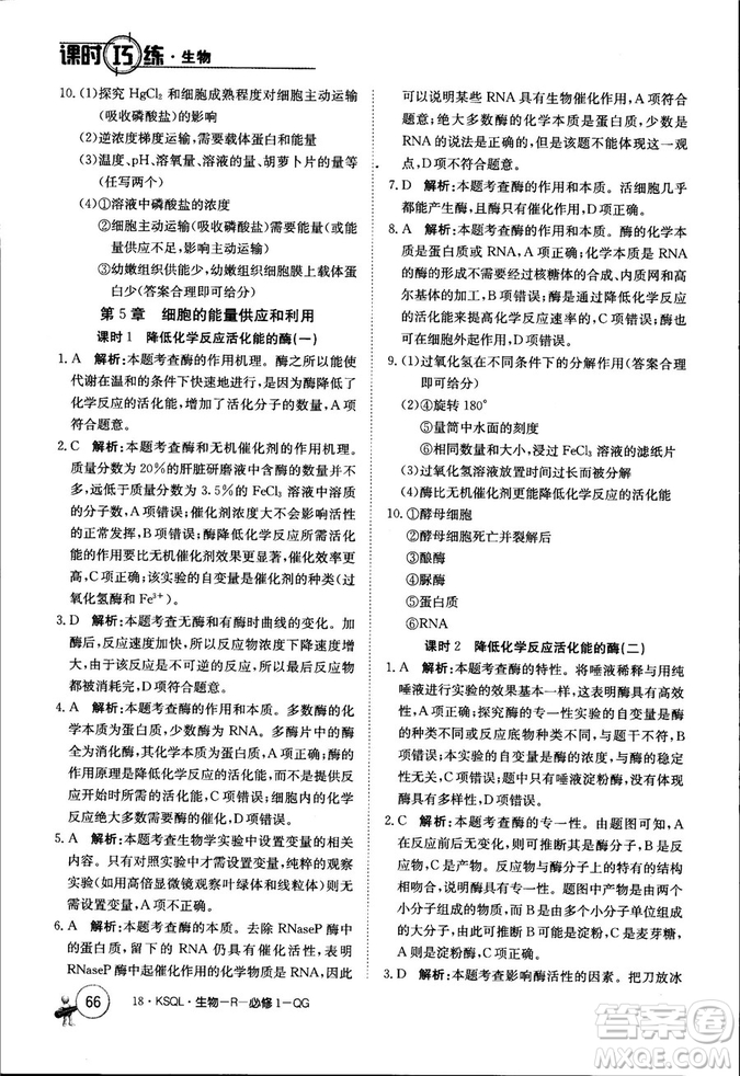 2019年人教版創(chuàng)新版卷行天下課時(shí)巧練生物必修1參考答案