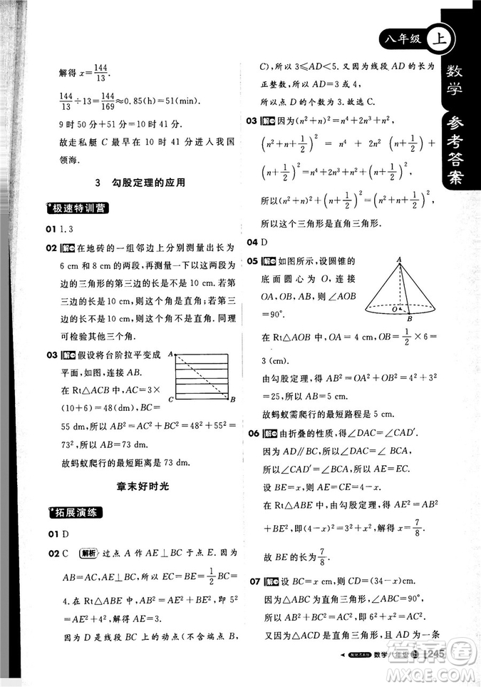 2019新版課堂直播八年級上數(shù)學北師大版BSD參考答案