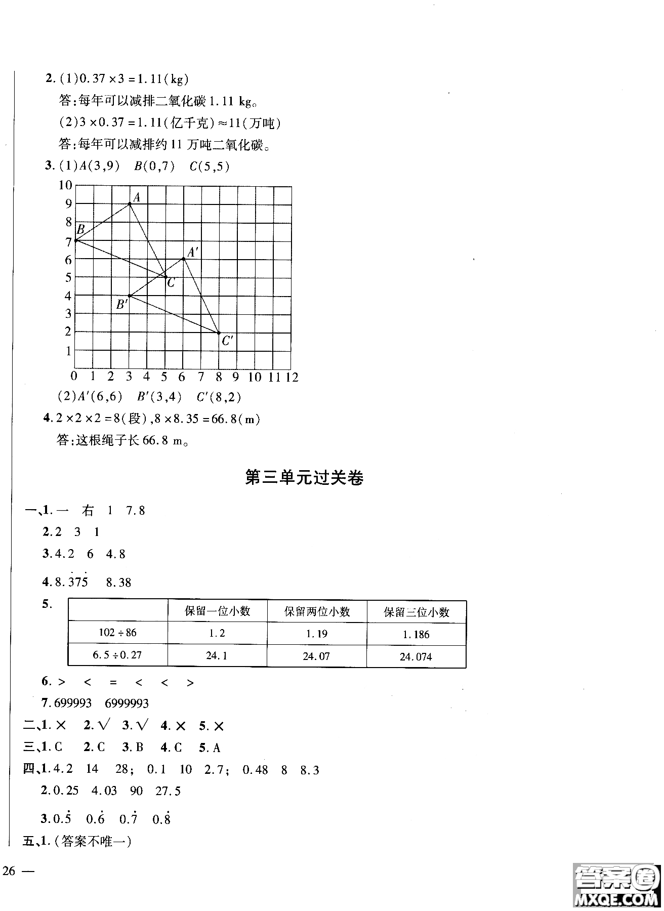 小學(xué)數(shù)學(xué)2018年舉一反三單元同步過關(guān)卷五年級(jí)上人教版RJ參考答案