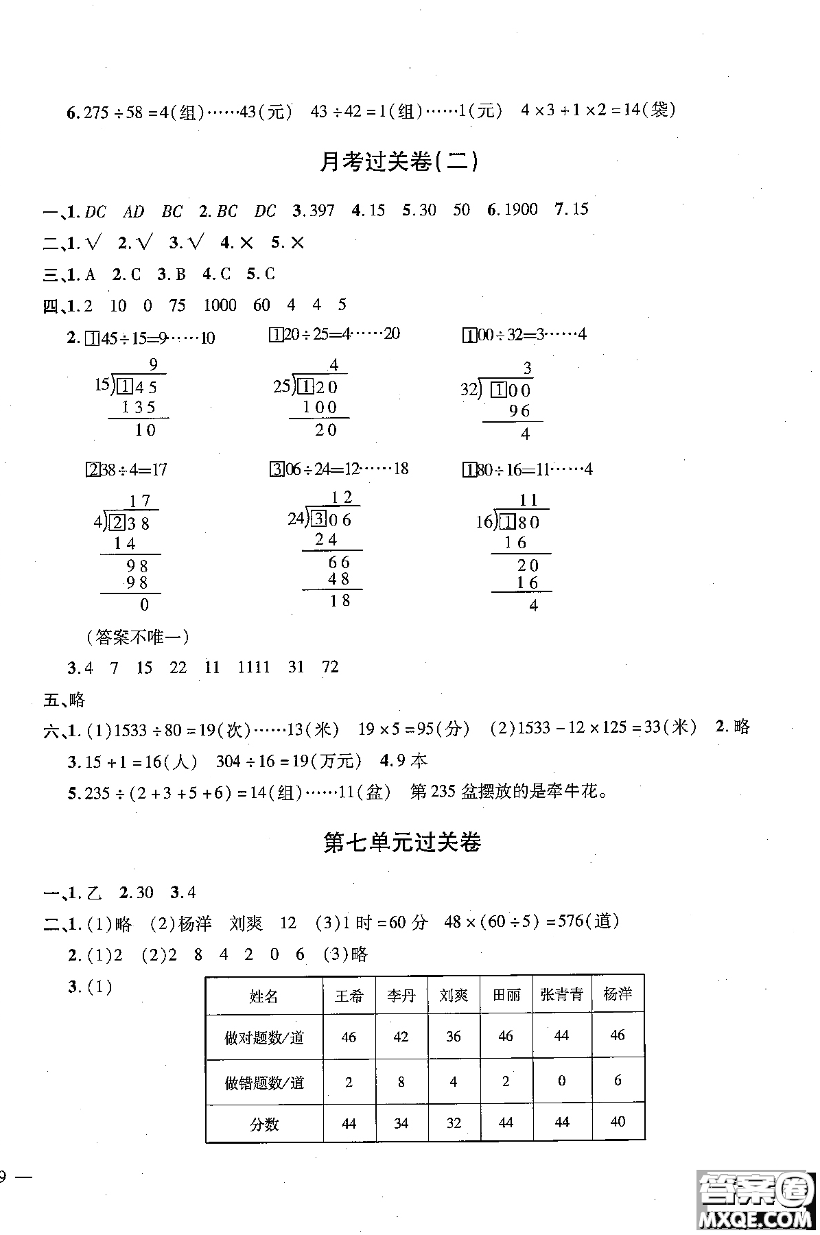 小學(xué)數(shù)學(xué)9787545051063舉一反三單元同步過(guò)關(guān)卷四年級(jí)上2018年人教版RJ參考答案