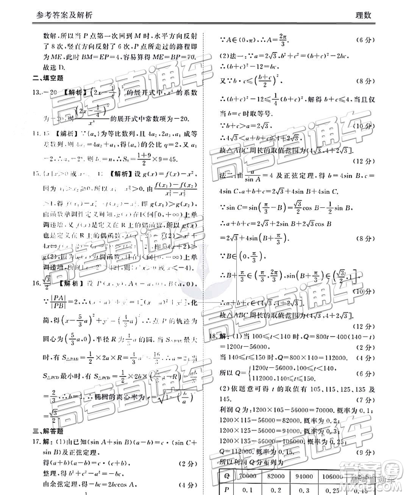 2019云貴川渝四省聯考衡水大聯考高三二聯理數參考答案
