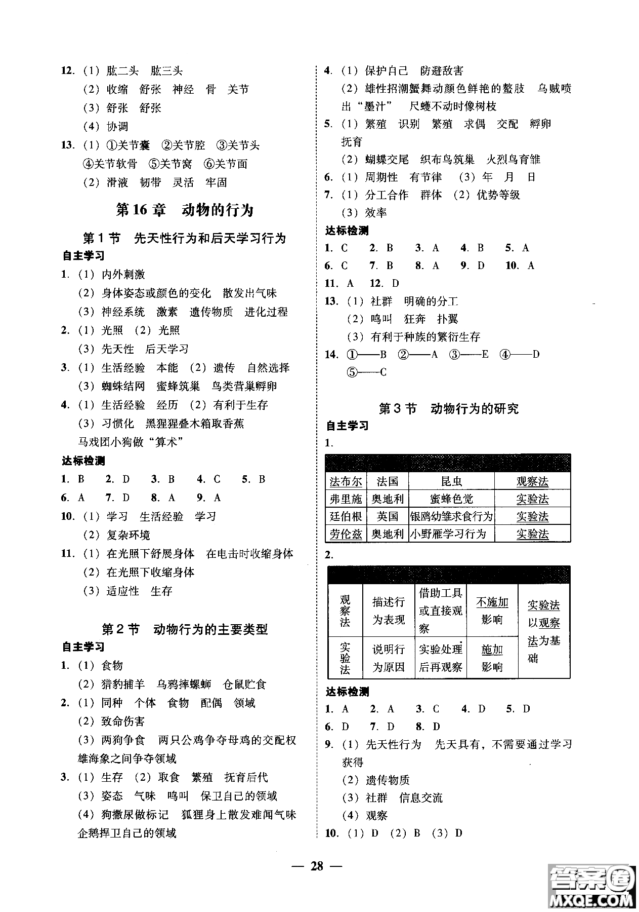 2018南粵學(xué)典學(xué)考精練初二八年級生物學(xué)上冊北師大版參考答案