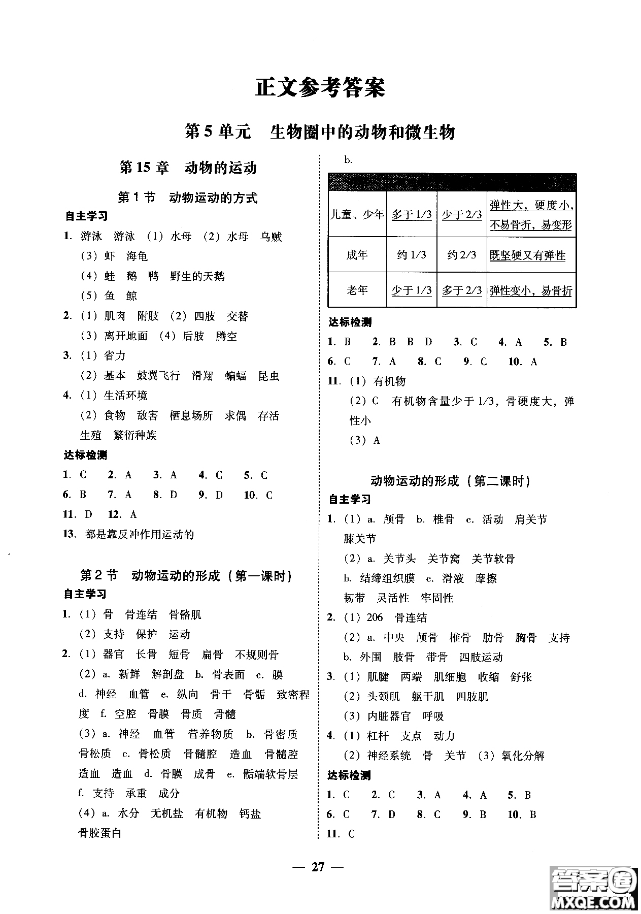 2018南粵學(xué)典學(xué)考精練初二八年級生物學(xué)上冊北師大版參考答案