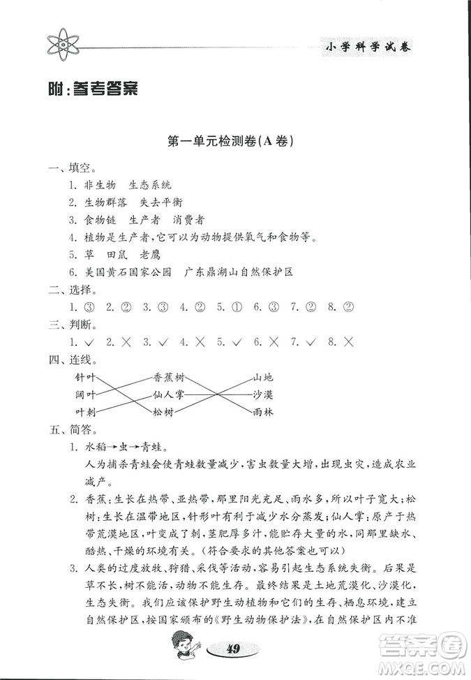 2018年金鑰匙小學(xué)科學(xué)試卷教科版五年級(jí)上冊(cè)參考答案