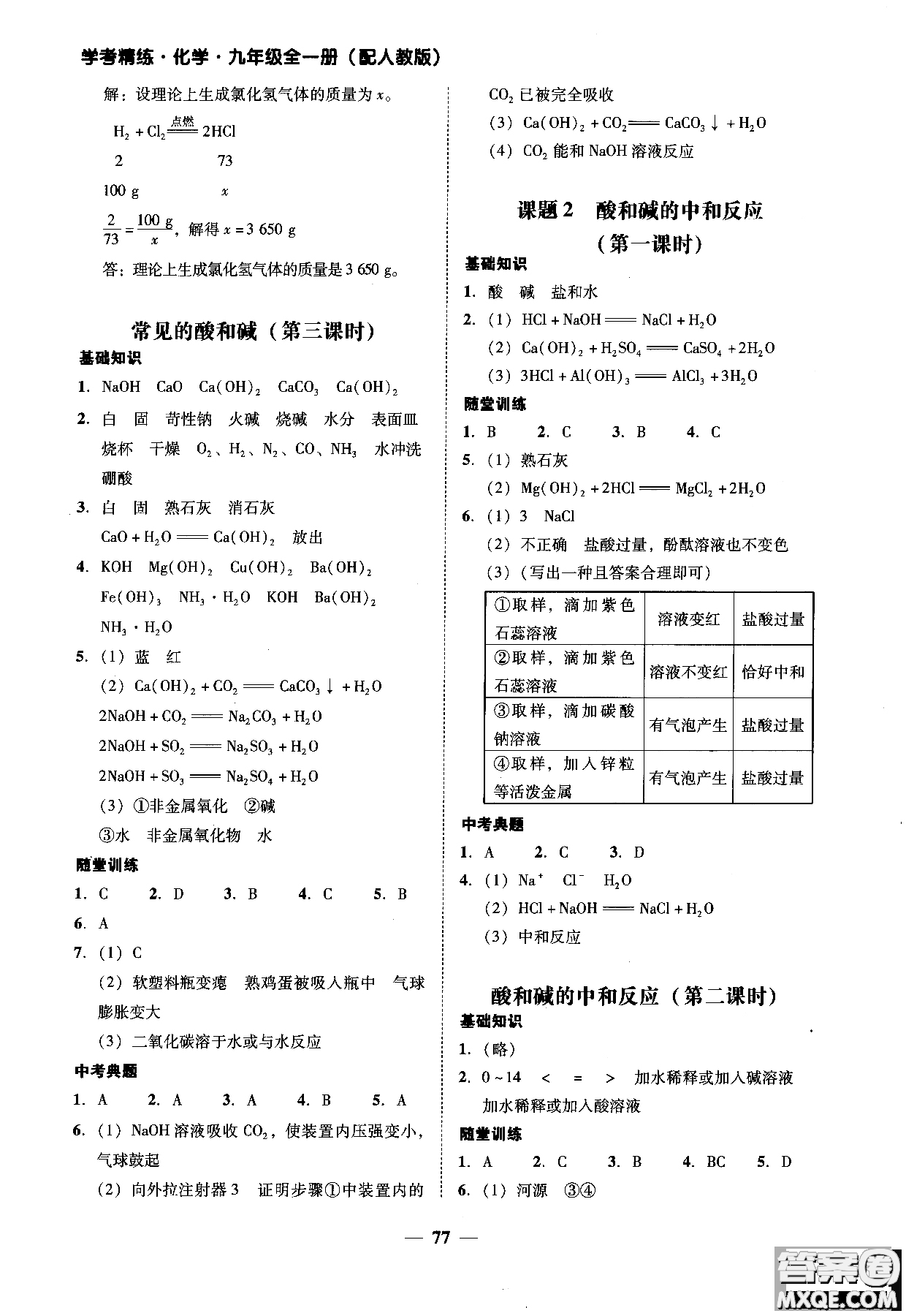 2018南粵學(xué)典學(xué)考精練九年級(jí)化學(xué)全一冊(cè)人教版練習(xí)冊(cè)參考答案