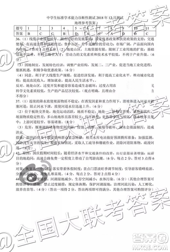 中學(xué)生標(biāo)準(zhǔn)學(xué)術(shù)能力診斷性測試2018年12月測試高三文綜答案