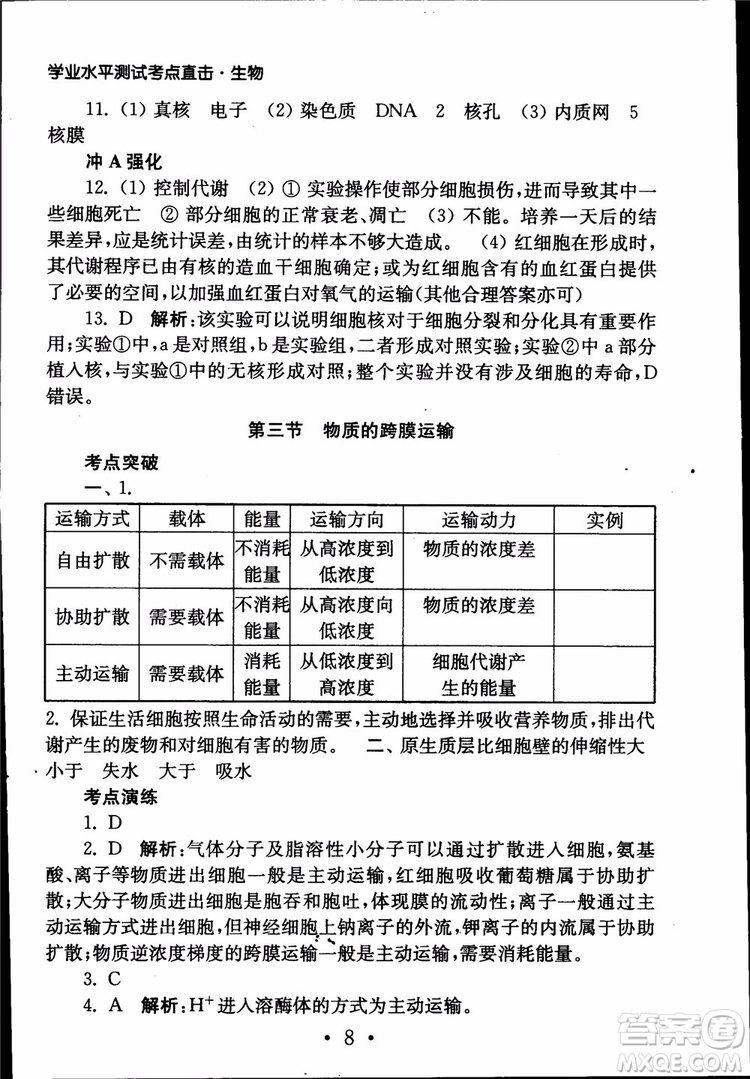 2019江蘇普通高中必修科目學(xué)業(yè)水平測(cè)試考點(diǎn)直擊生物SJ參考答案
