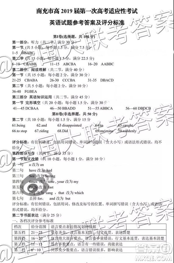 2019南充一診英語試題及參考答案