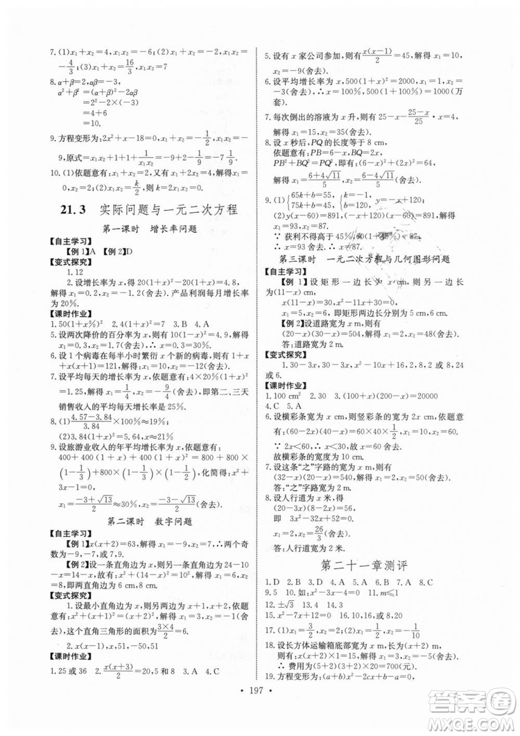 2018年長江全能學(xué)案同步練習(xí)冊九年級全一冊人教版參考答案