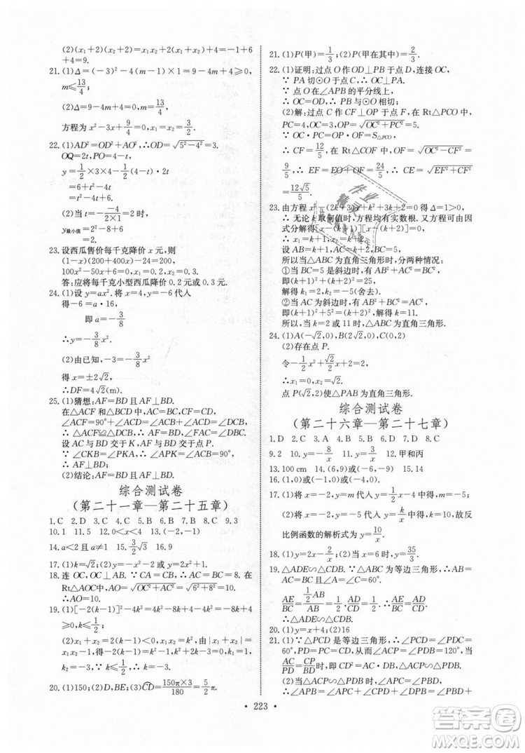2018年長江全能學(xué)案同步練習(xí)冊九年級全一冊人教版參考答案