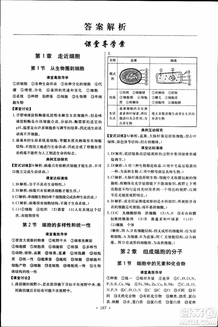 2018年長(zhǎng)江全能學(xué)案同步練習(xí)冊(cè)生物必修1人教版參考答案