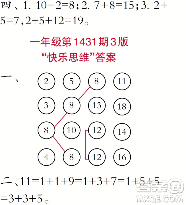 2018年小學生數(shù)學報一年級第1431期答案