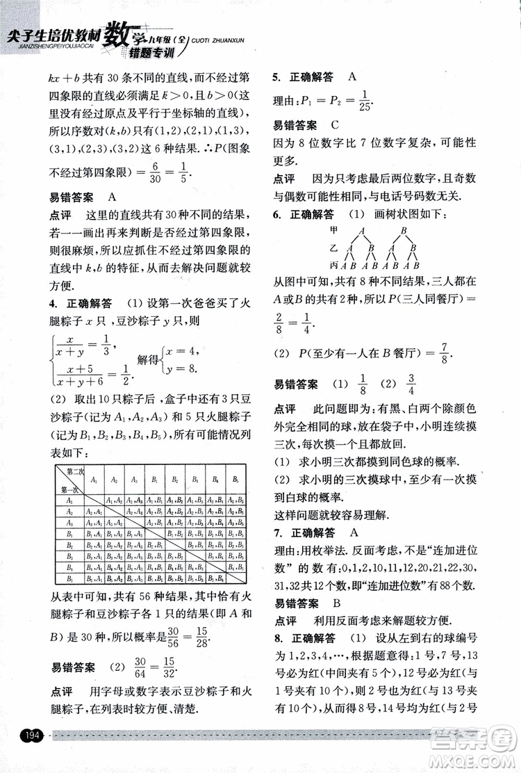 2018年尖子生培優(yōu)教材錯(cuò)題專訓(xùn)九年級(jí)全一冊(cè)數(shù)學(xué)參考答案