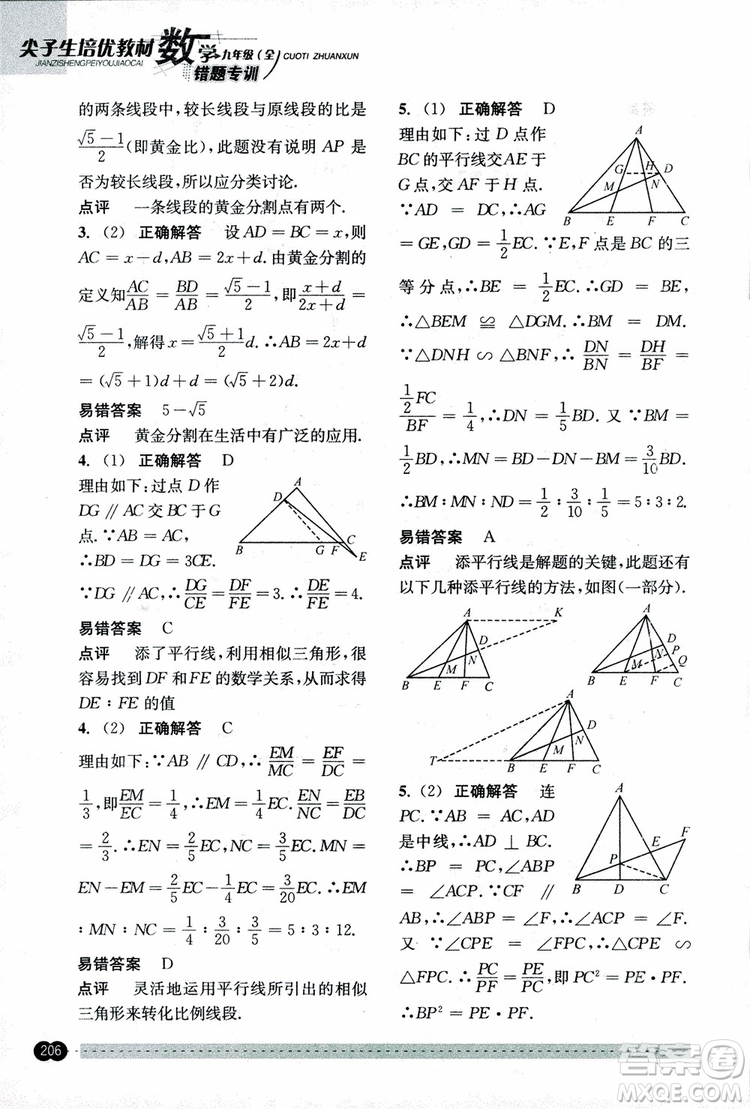 2018年尖子生培優(yōu)教材錯(cuò)題專訓(xùn)九年級(jí)全一冊(cè)數(shù)學(xué)參考答案
