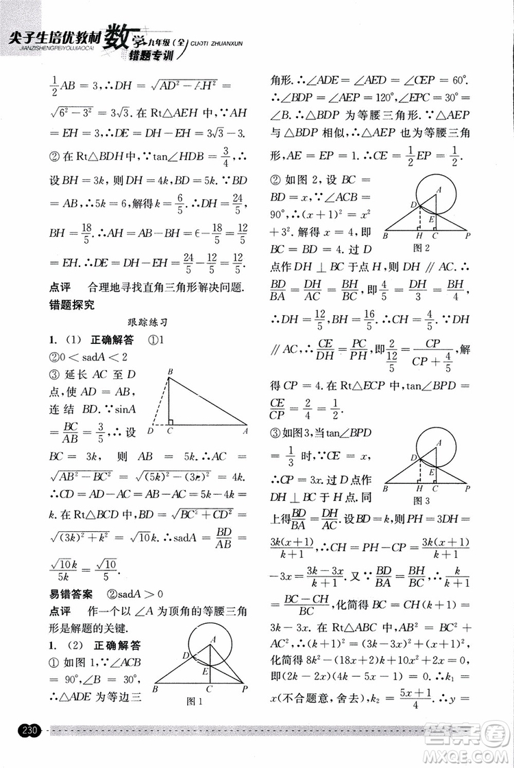 2018年尖子生培優(yōu)教材錯(cuò)題專訓(xùn)九年級(jí)全一冊(cè)數(shù)學(xué)參考答案