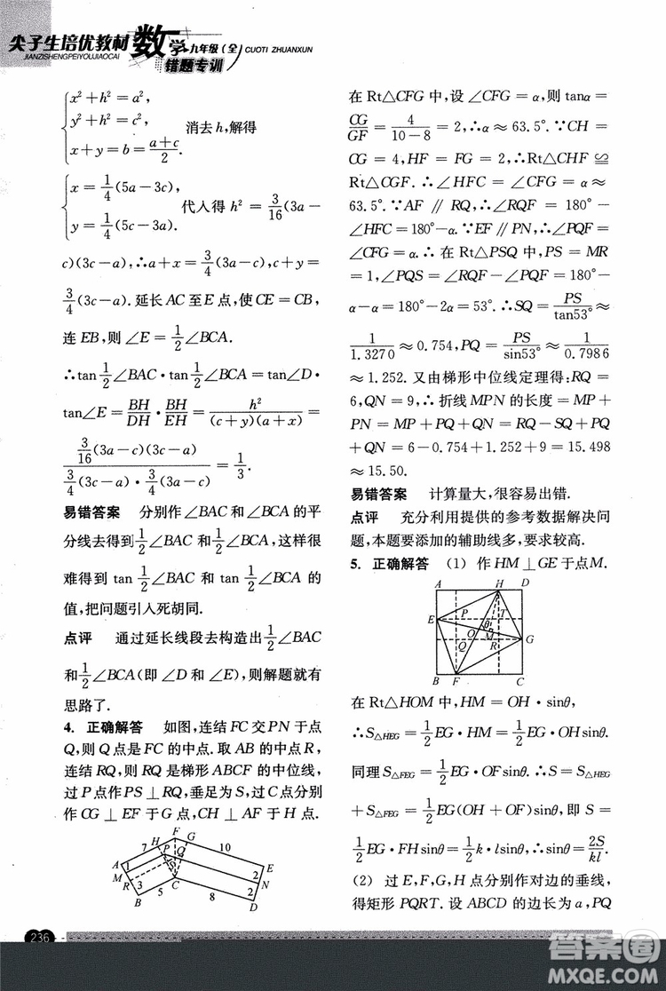 2018年尖子生培優(yōu)教材錯(cuò)題專訓(xùn)九年級(jí)全一冊(cè)數(shù)學(xué)參考答案