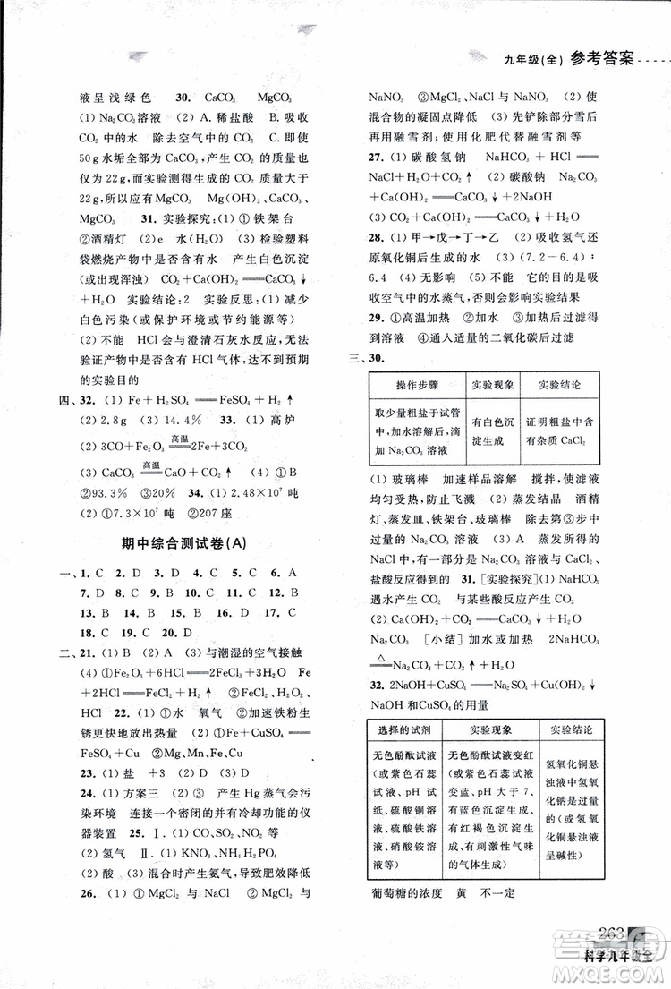 2018年尖子生培優(yōu)教材測試九年級科學全一冊第3次修訂參考答案