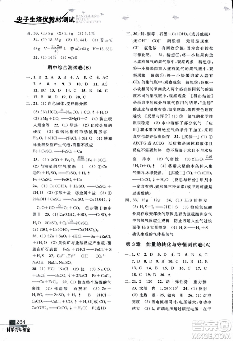2018年尖子生培優(yōu)教材測試九年級科學全一冊第3次修訂參考答案