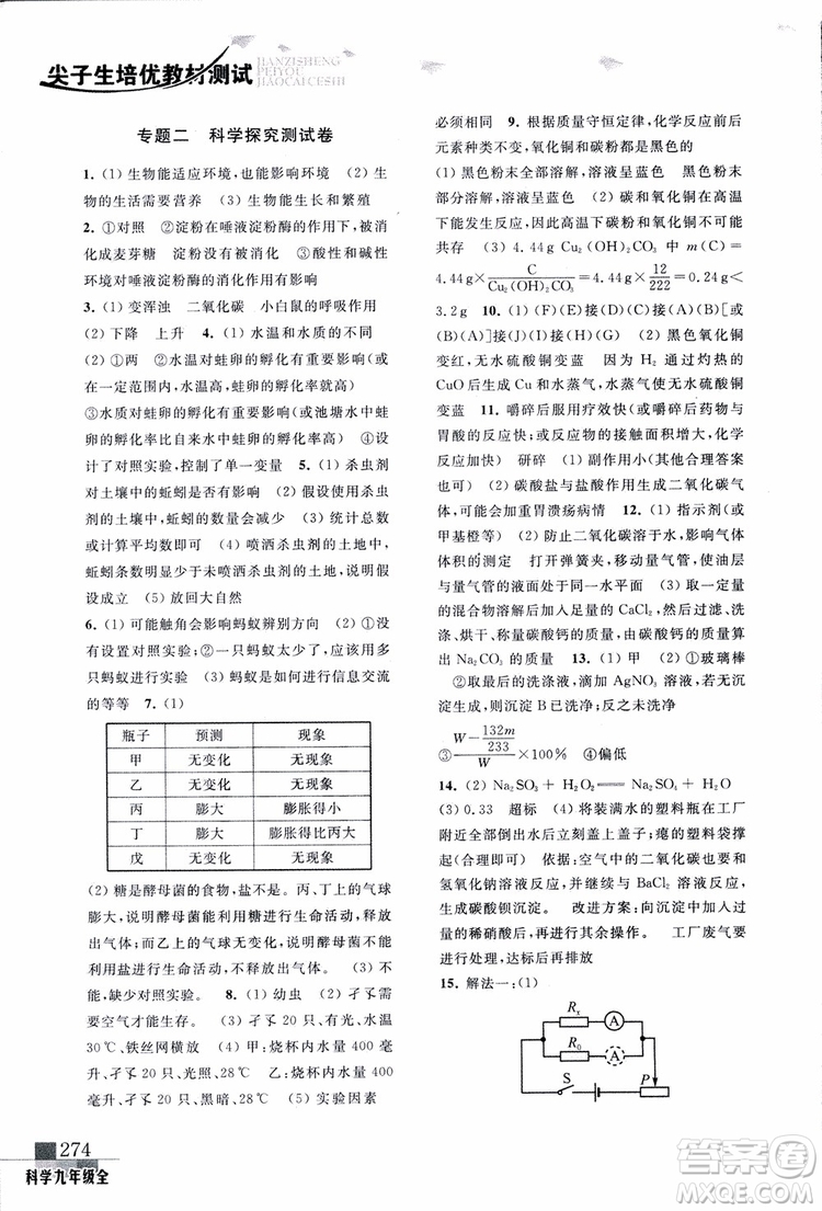 2018年尖子生培優(yōu)教材測試九年級科學全一冊第3次修訂參考答案